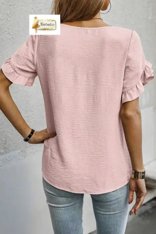 Sea Green Solid Color Ruffle Trim Short Sleeve Blouse Dear-Lover Dropshipping