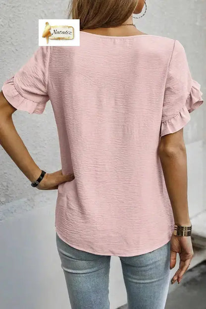 Sea Green Solid Color Ruffle Trim Short Sleeve Blouse Dear-Lover Dropshipping