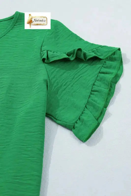 Sea Green Solid Color Ruffle Trim Short Sleeve Blouse Dear-Lover Dropshipping