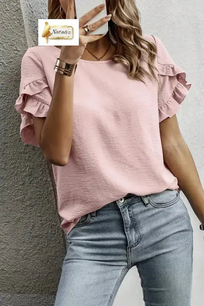 Sea Green Solid Color Ruffle Trim Short Sleeve Blouse Dear-Lover Dropshipping
