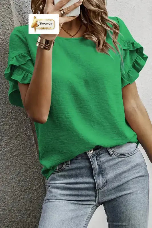 Sea Green Solid Color Ruffle Trim Short Sleeve Blouse Dear-Lover Dropshipping