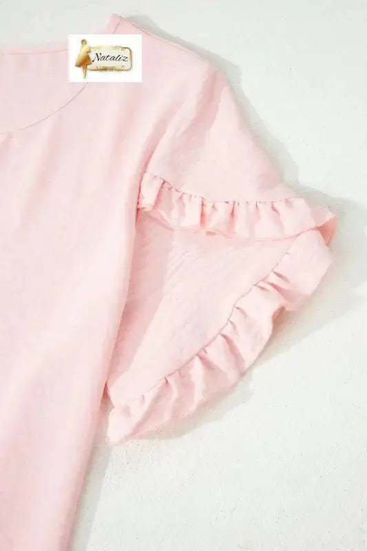 Sea Green Solid Color Ruffle Trim Short Sleeve Blouse Dear-Lover Dropshipping