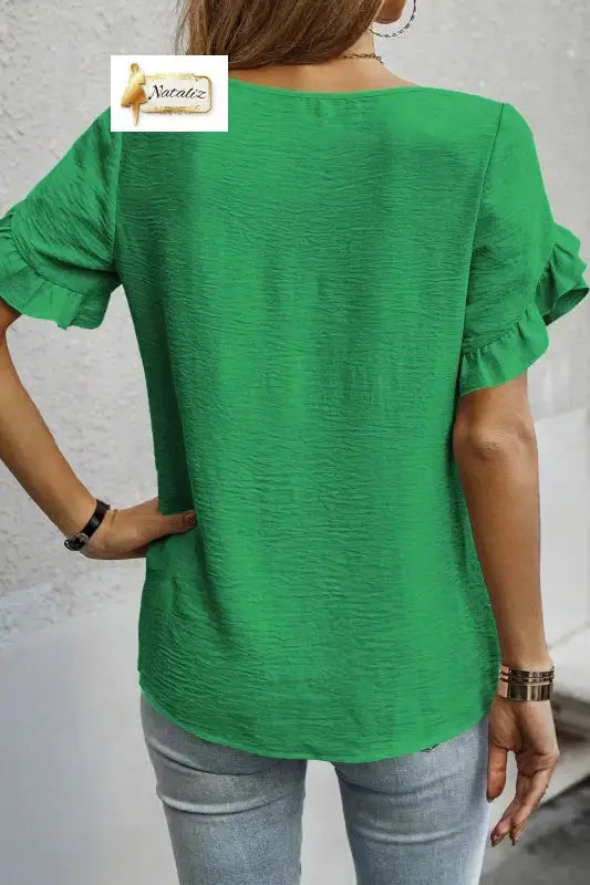 Sea Green Solid Color Ruffle Trim Short Sleeve Blouse Dear-Lover Dropshipping