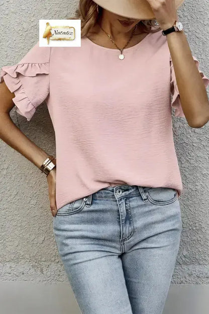 Sea Green Solid Color Ruffle Trim Short Sleeve Blouse Dear-Lover Dropshipping