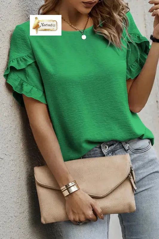 Sea Green Solid Color Ruffle Trim Short Sleeve Blouse Dear-Lover Dropshipping