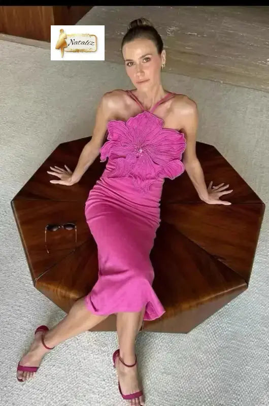 Sexy Halter  Bodycon 3D Flower Pink Dress Guangzhou Migu Garment Company Limited