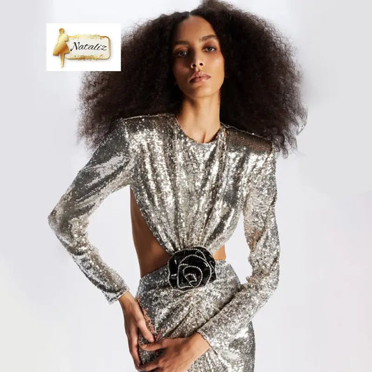Silver Sequin Long Sleeve Dress - Silver / XS