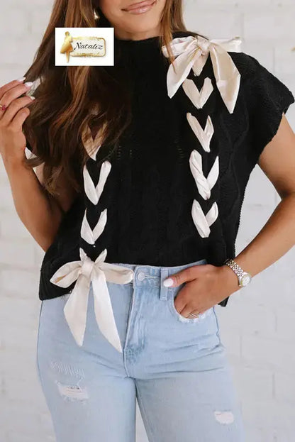 Simply Taupe Cable Knit Colorblock Satin Bowknot Short Sleeve Sweater Dear-Lover Dropshipping