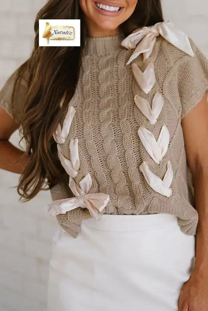 Simply Taupe Cable Knit Colorblock Satin Bowknot Short Sleeve Sweater Dear-Lover Dropshipping