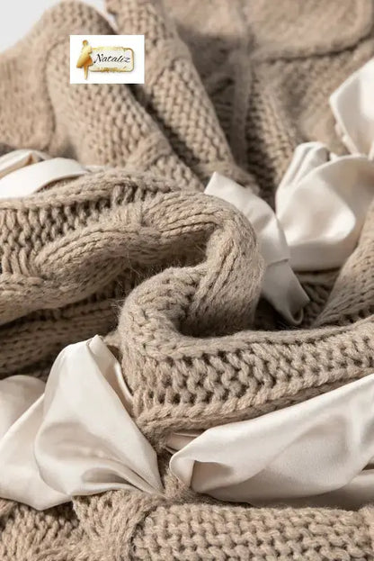 Simply Taupe Cable Knit Colorblock Satin Bowknot Short Sleeve Sweater Dear-Lover Dropshipping