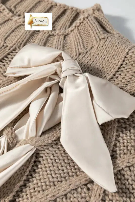 Simply Taupe Cable Knit Colorblock Satin Bowknot Short Sleeve Sweater Dear-Lover Dropshipping