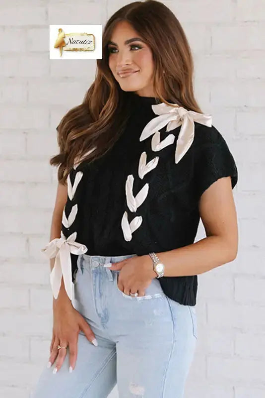 Simply Taupe Cable Knit Colorblock Satin Bowknot Short Sleeve Sweater Dear-Lover Dropshipping