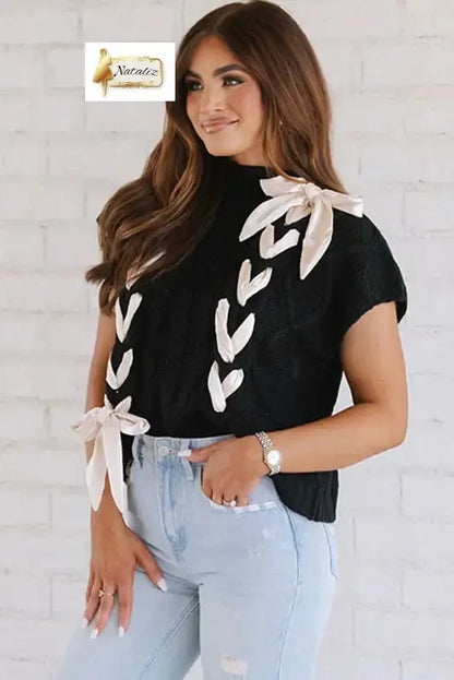 Simply Taupe Cable Knit Colorblock Satin Bowknot Short Sleeve Sweater Dear-Lover Dropshipping