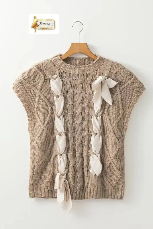 Simply Taupe Cable Knit Colorblock Satin Bowknot Short Sleeve Sweater Dear-Lover Dropshipping