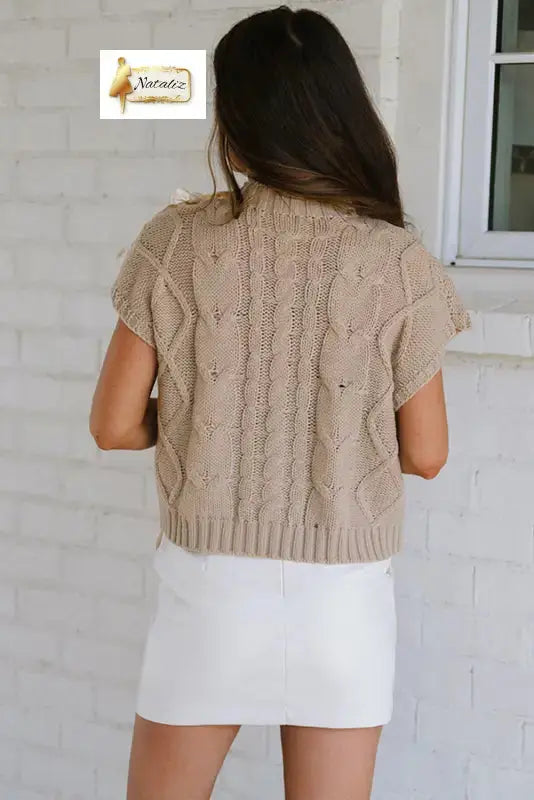 Simply Taupe Cable Knit Colorblock Satin Bowknot Short Sleeve Sweater Dear-Lover Dropshipping