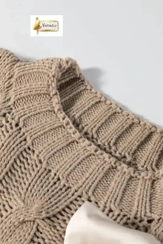 Simply Taupe Cable Knit Colorblock Satin Bowknot Short Sleeve Sweater Dear-Lover Dropshipping