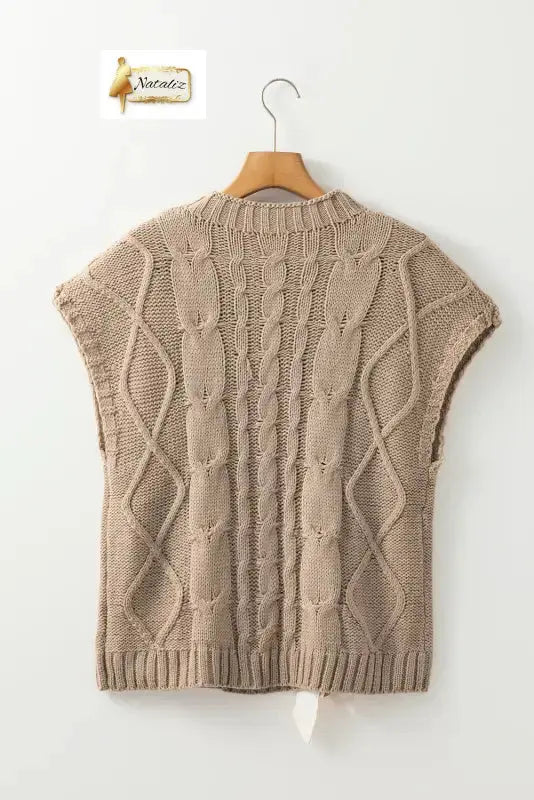 Simply Taupe Cable Knit Colorblock Satin Bowknot Short Sleeve Sweater Dear-Lover Dropshipping