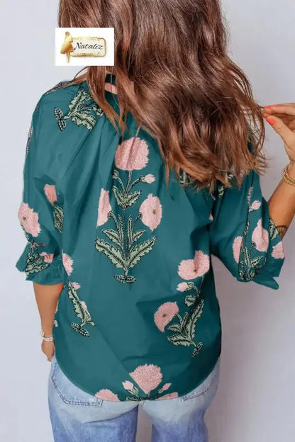 Sky Blue Casual Wild Flower Print V Neck 3/4 Sleeve Blouse Nataliz