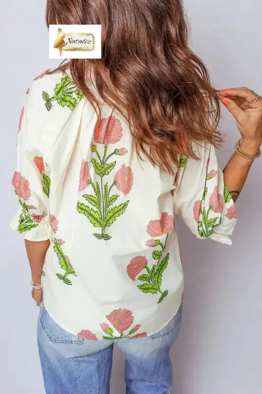 Sky Blue Casual Wild Flower Print V Neck 3/4 Sleeve Blouse Dear-Lover Dropshipping