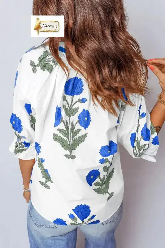 Sky Blue Casual Wild Flower Print V Neck 3/4 Sleeve Blouse Dear-Lover Dropshipping