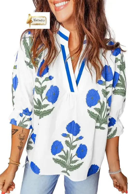 Sky Blue Casual Wild Flower Print V Neck 3/4 Sleeve Blouse Dear-Lover Dropshipping