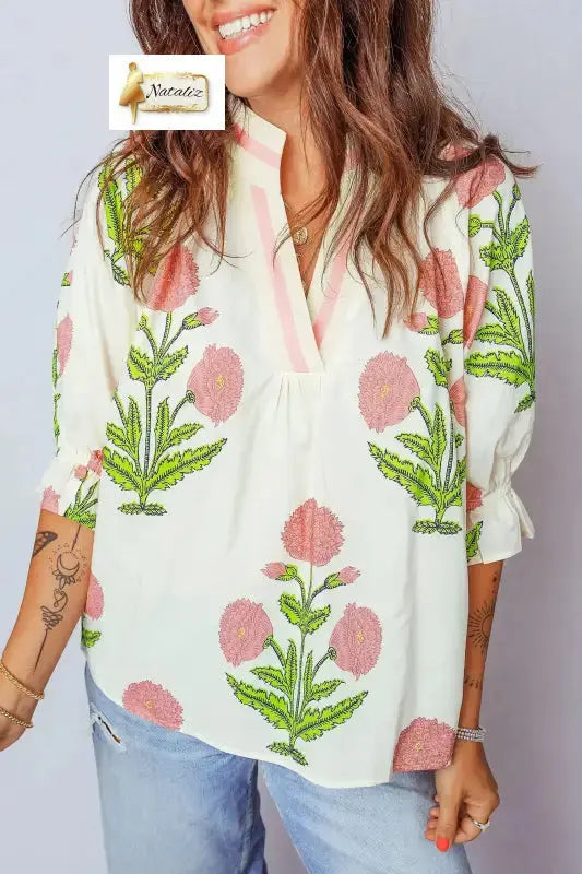 Sky Blue Casual Wild Flower Print V Neck 3/4 Sleeve Blouse Dear-Lover Dropshipping