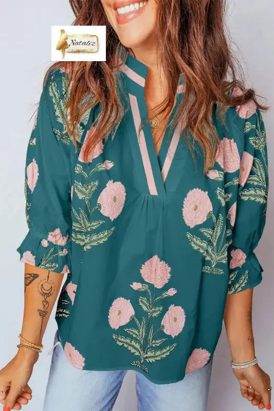 Sky Blue Casual Wild Flower Print V Neck 3/4 Sleeve Blouse Nataliz