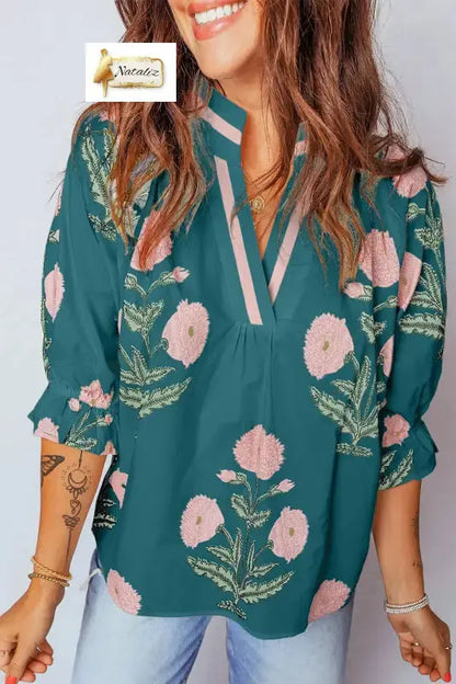 Sky Blue Casual Wild Flower Print V Neck 3/4 Sleeve Blouse Nataliz