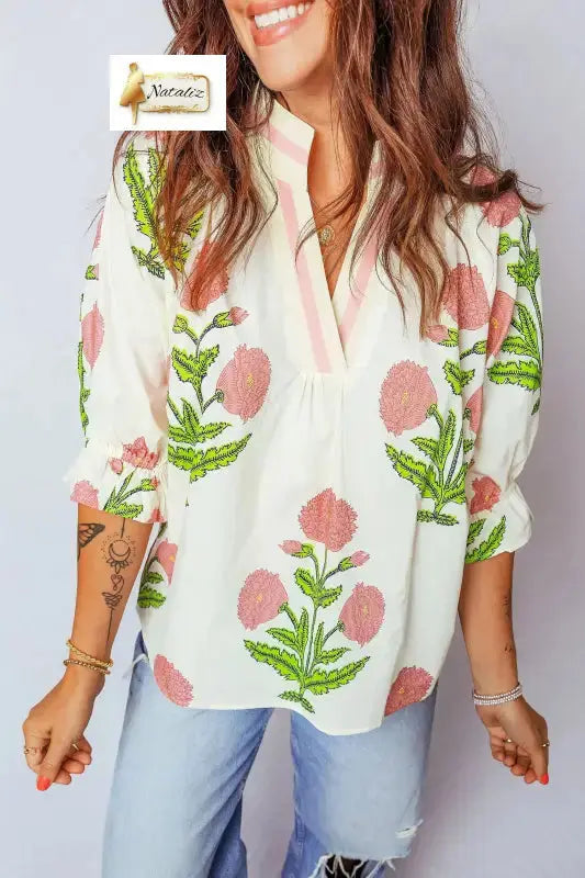 Sky Blue Casual Wild Flower Print V Neck 3/4 Sleeve Blouse Dear-Lover Dropshipping