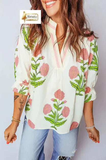 Sky Blue Casual Wild Flower Print V Neck 3/4 Sleeve Blouse Dear-Lover Dropshipping