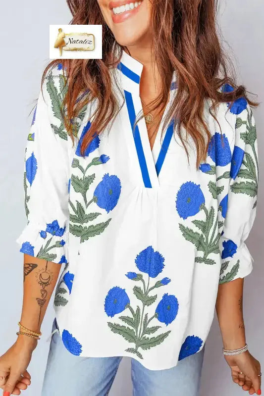 Sky Blue Casual Wild Flower Print V Neck 3/4 Sleeve Blouse Dear-Lover Dropshipping