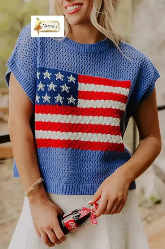 Sky Blue Flag Graphic Short Sleeve Sweater Top Nataliz