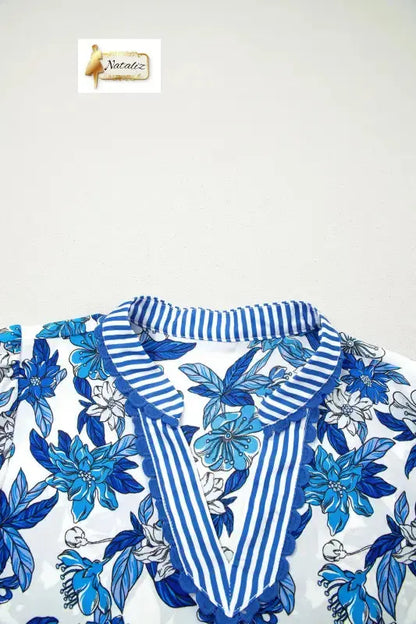 Sky Blue Floral Print Striped Patchwork Long Flounce Sleeve Ricrac Trim V Neck Blouse Nataliz