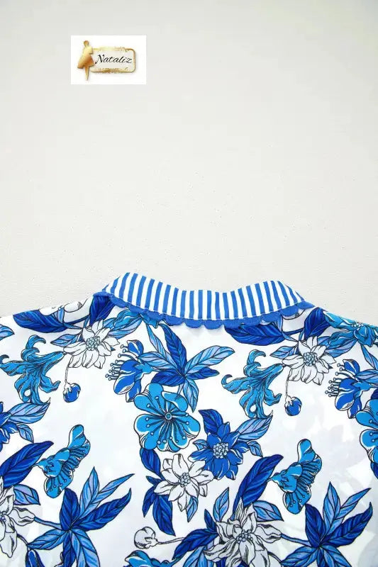 Sky Blue Floral Print Striped Patchwork Long Flounce Sleeve Ricrac Trim V Neck Blouse Nataliz