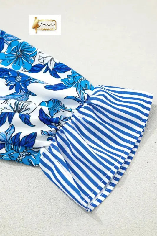 Sky Blue Floral Print Striped Patchwork Long Flounce Sleeve Ricrac Trim V Neck Blouse Nataliz