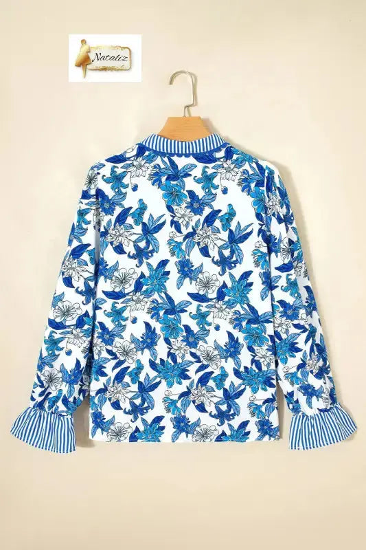 Sky Blue Floral Print Striped Patchwork Long Flounce Sleeve Ricrac Trim V Neck Blouse Nataliz