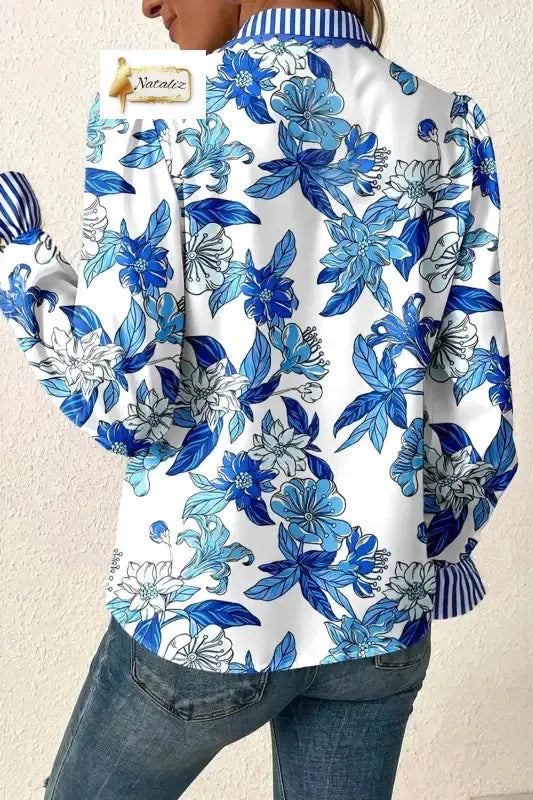 Sky Blue Floral Print Striped Patchwork Long Flounce Sleeve Ricrac Trim V Neck Blouse Nataliz