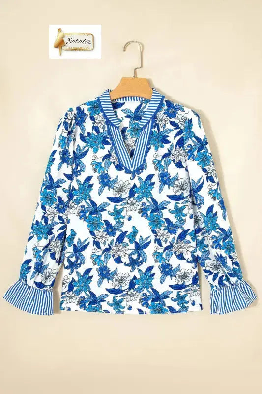 Sky Blue Floral Print Striped Patchwork Long Flounce Sleeve Ricrac Trim V Neck Blouse Nataliz