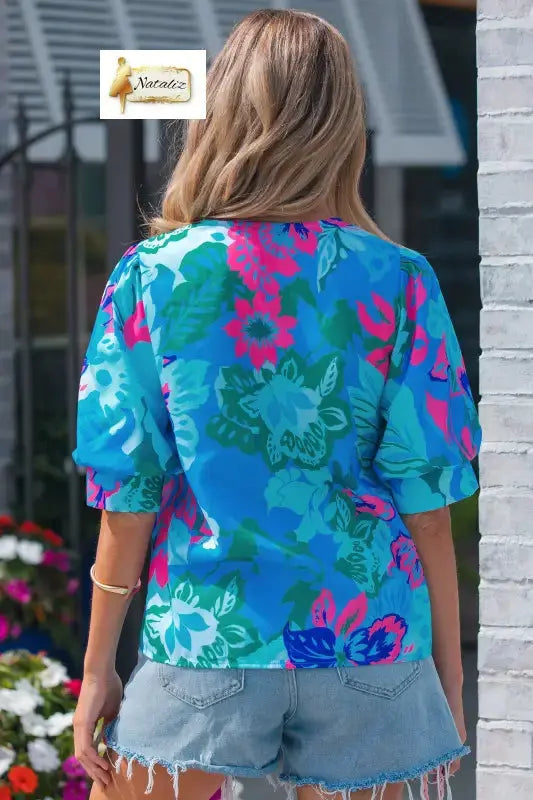 Sky Blue Floral Print V Neck Half Sleeve Blouse Nataliz