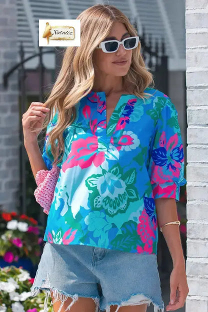 Sky Blue Floral Print V Neck Half Sleeve Blouse Nataliz