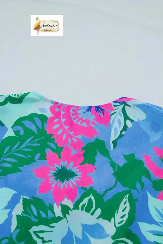 Sky Blue Floral Print V Neck Half Sleeve Blouse Nataliz