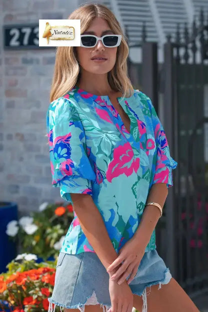 Sky Blue Floral Print V Neck Half Sleeve Blouse Nataliz
