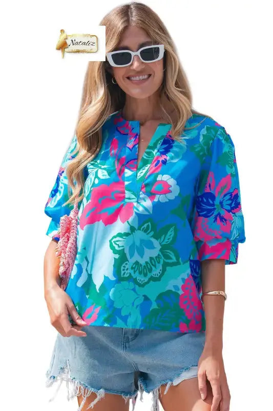 Sky Blue Floral Print V Neck Half Sleeve Blouse Nataliz