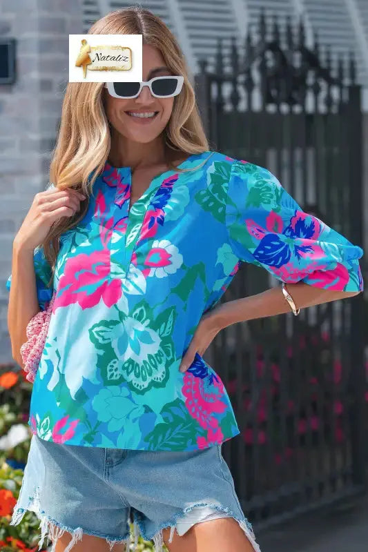 Sky Blue Floral Print V Neck Half Sleeve Blouse Nataliz