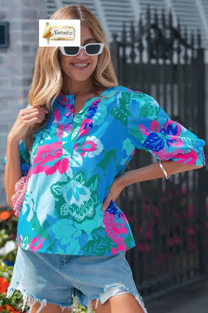 Sky Blue Floral Print V Neck Half Sleeve Blouse Nataliz
