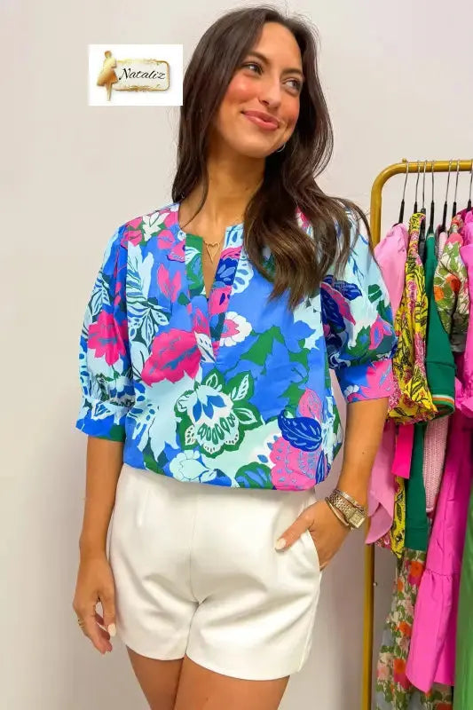 Sky Blue Floral Print V Neck Half Sleeve Blouse Nataliz