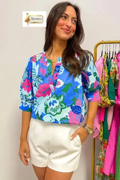 Sky Blue Floral Print V Neck Half Sleeve Blouse Nataliz