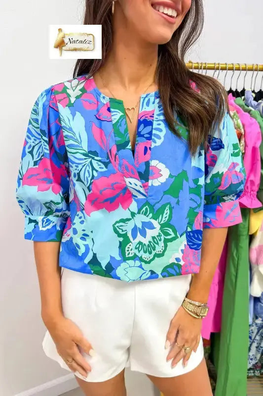 Sky Blue Floral Print V Neck Half Sleeve Blouse Nataliz