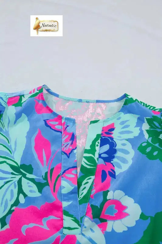 Sky Blue Floral Print V Neck Half Sleeve Blouse Nataliz