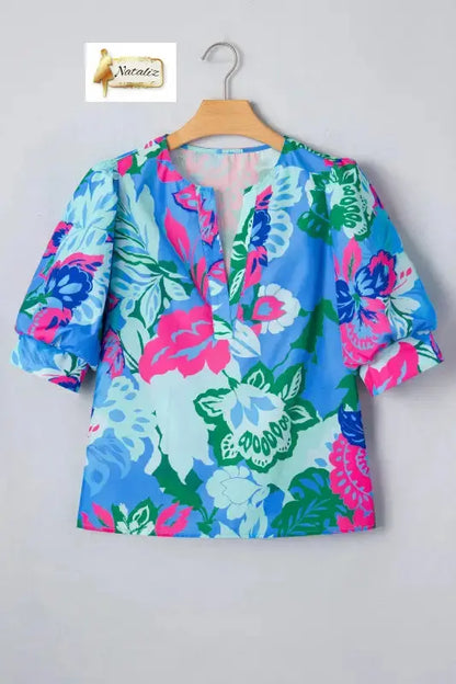 Sky Blue Floral Print V Neck Half Sleeve Blouse Nataliz